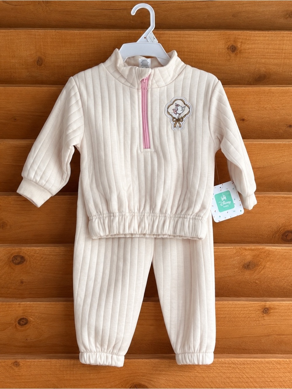 Disney baby girl Mary the baby cat Cream Ribbed Two-Piece Set with Pink Zip 12M